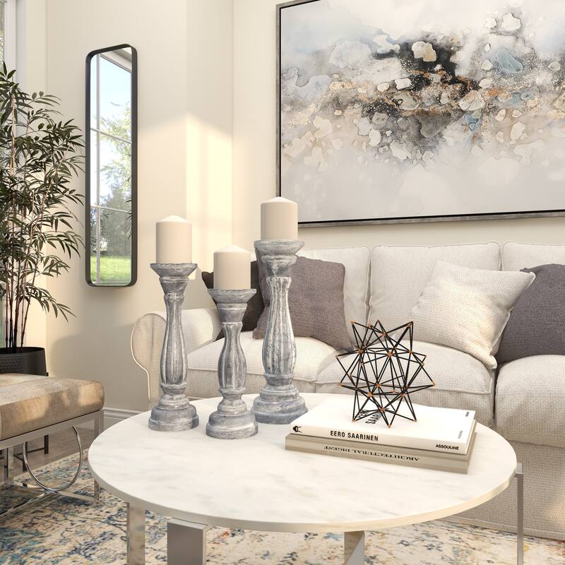 Gray, Green, Brown or Blue Wooden Distressed Turned Decorative Candle Holder (Set of 3)