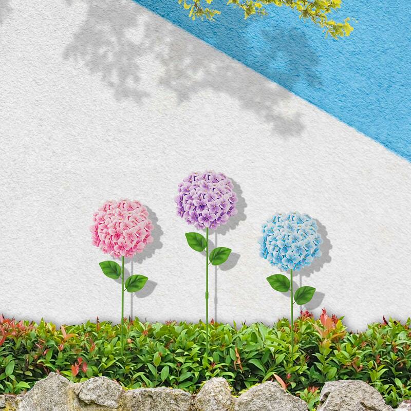 Glitzhome Set of 3 Metal Dimensional Flowers Yardstake Hydrangea Pick Wall Decor