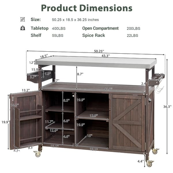 Outdoor Kitchen Island With Rolling Bar Cart – Solid Wood, Stainless Steel Top, Spice Rack, Towel Rack, Dark Brown