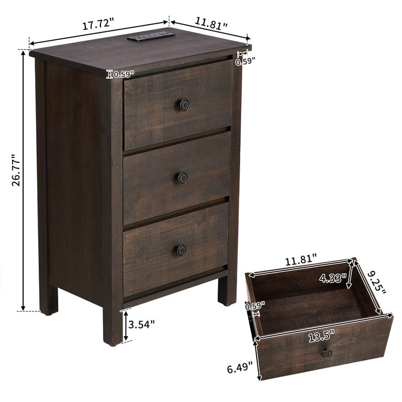Brown Solid Wood Nightstand with 3 Drawers with USB & Type-C Ports, 2 Power Outlets