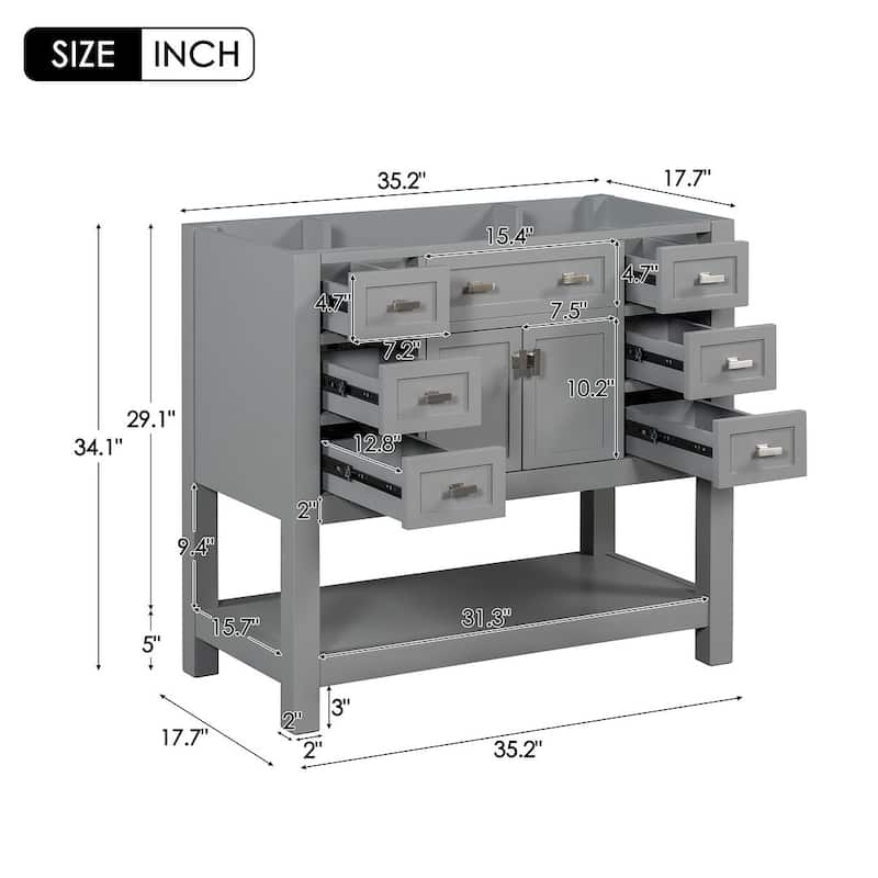 36'' Modern Bathroom Bathroom Vanity with Sink and 6 Drawers，2 Soft Closing Doors