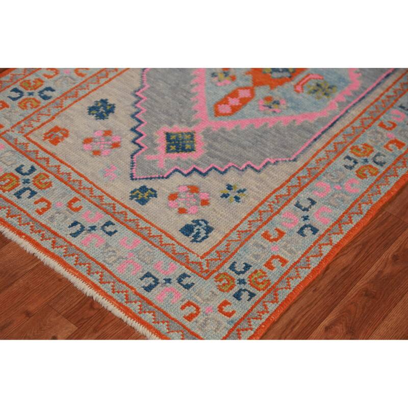 Hand Knotted Oriental 100% Wool Carpet Transitional Geometric Navy Blue & Blues Oushak Runner Rug - 14' 4'' X 3' 1''