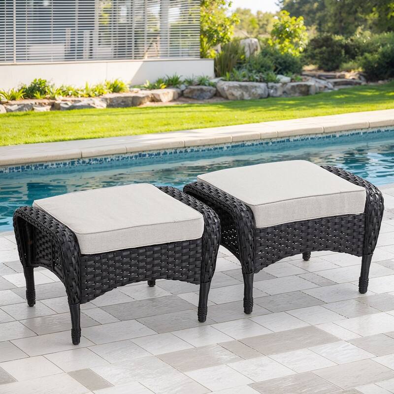 Gymojoy Versatile Outdoor Wicker Ottomans with Soft Cushions - 2-Piece - Black Wicker / Beige Cushion