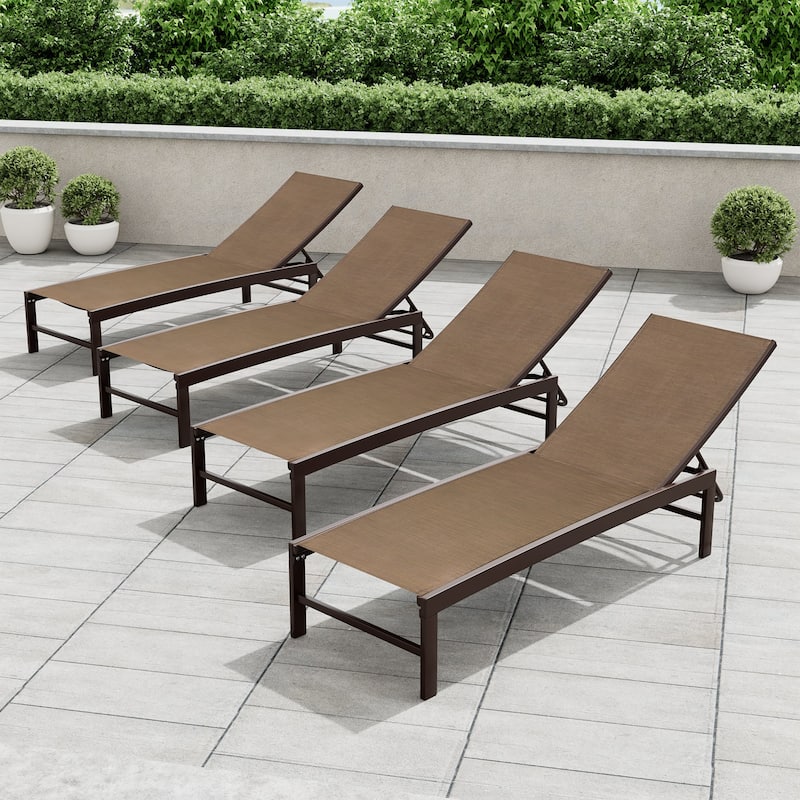 Crestlive Outdoor Pool Side Adjustable Aluminum Chaise Lounge Chairs Set of 4 - See Picture - Brown Fabric, Brown Frame