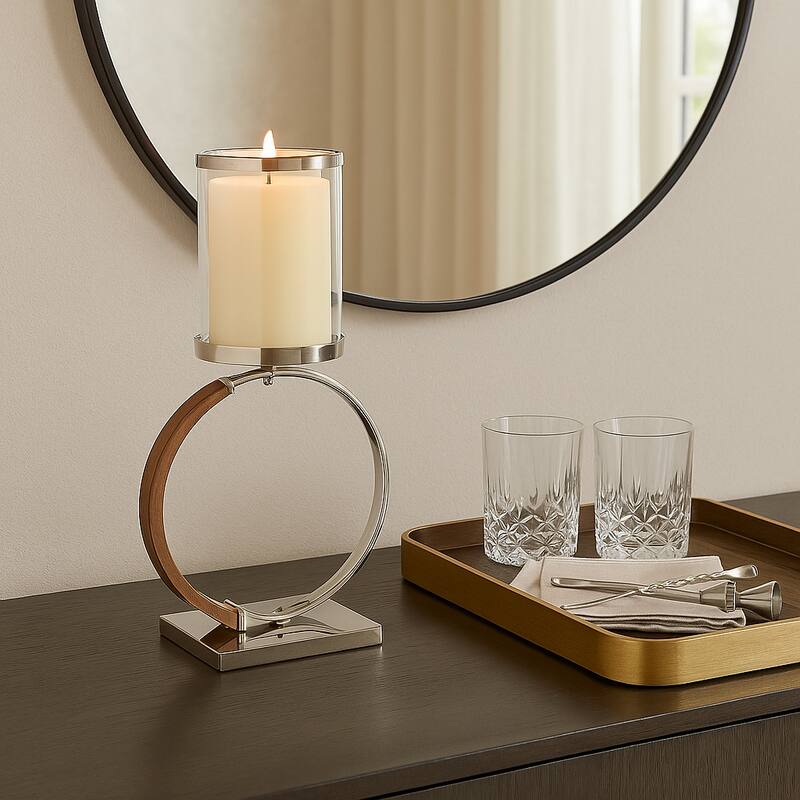 Metal Wood Candle Holder Modern Semi Ring Detail for Home Decor - 12" x 5.5" x 21.5"