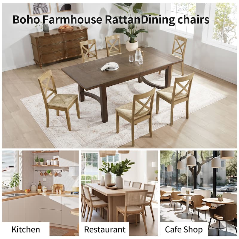 Bohemian 17" W Natural Weave Seagrass Rattan Seat Cross Back Dining Chairs