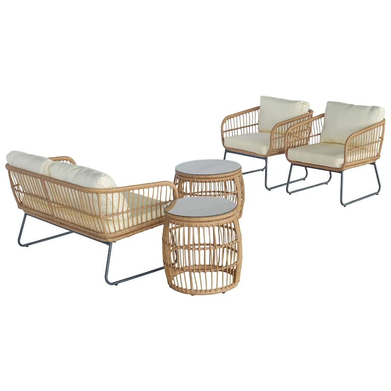 5 Pieces Patio Furniture Set, Outdoor Wicker Patio Conversation Set, Loveseat with Cushion and Pillow, 2 Tempered Glass Table