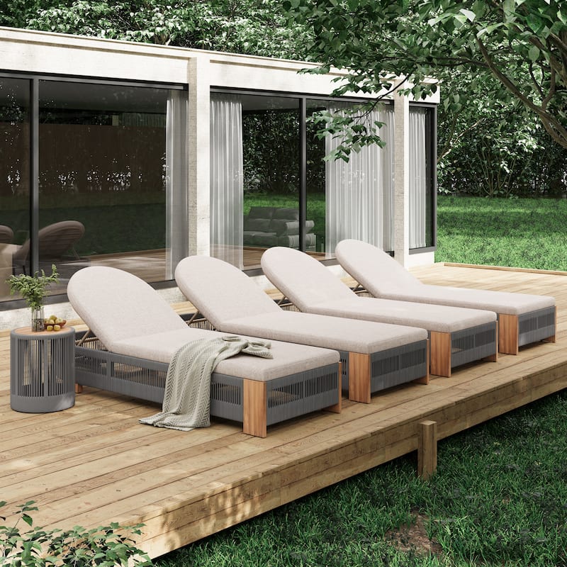 Roomfitters Outdoor Rope Chaise Lounge Set of 4, Adjustable Loungers with Teak-Look Side Table & Cushions