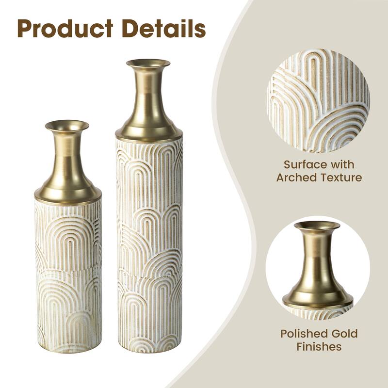 Glitzhome Set of 2 Modern White and Gold Metal Floor Vases