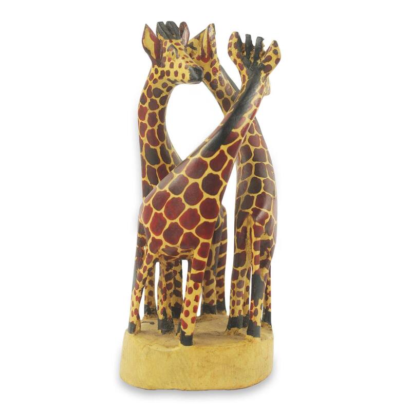 Handmade Giraffe Family (small) Teakwood sculpture (Ghana) - 34 x 17 x 16