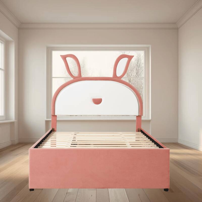 Full Size Upholstered Platform Bed Frame with Cartoon Rabbit-Shaped LED Headboard, Trundle and Storage Drawers for Bedroom - Pink - Full