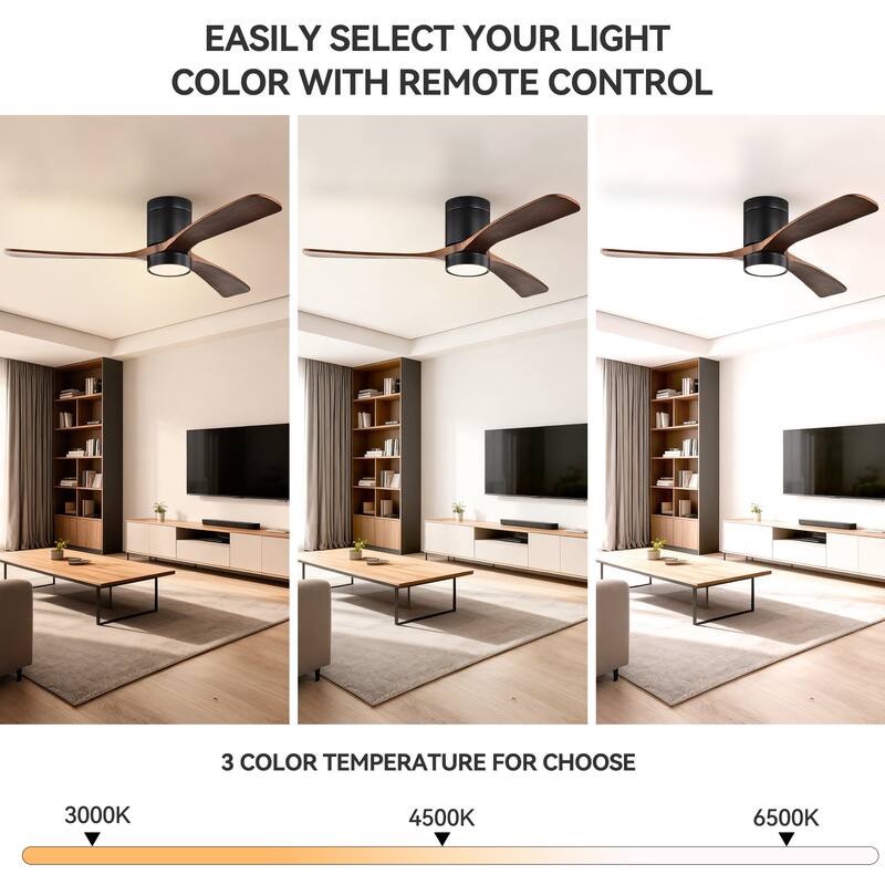 Matte Black 52 in. Indoor Flush Mount Ceiling Fan with 3 Solid Wood Blades (Dark Walnut), 6-Speed Remote Control 3CCT LED Light