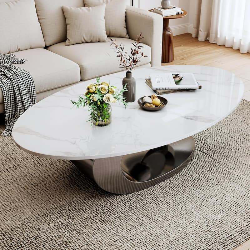 Homy Casa Luxury Oval Coffee Table, High-Gloss Faux Marble Top, Electroplated Brushed Stainless-Steel Sculptural Christmas Gift