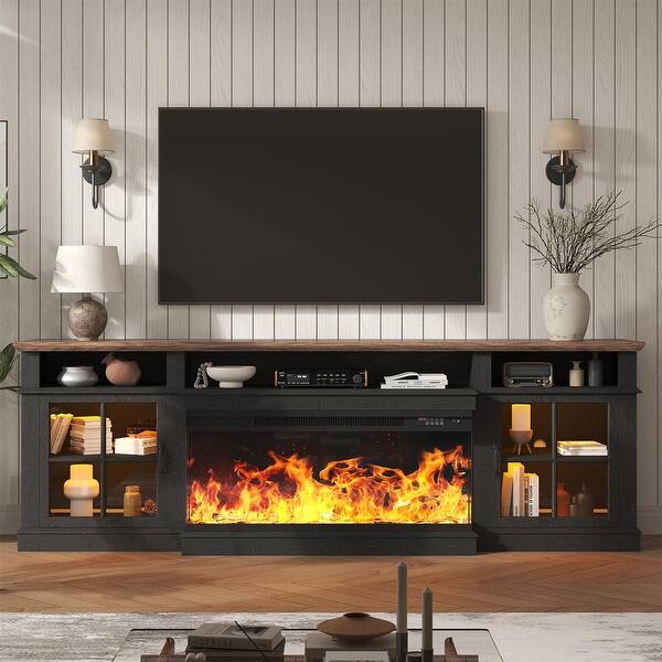 80" Farmhouse Fireplace TV Stand with 3-Sided Electric Fireplace, Glass Door Storage Cabinet with LED Lights - Black