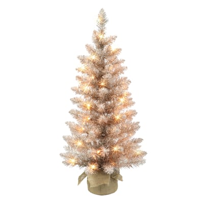 3 ft Pre-lit Rose Gold Tree, 97 Tips, 50 UL Clear Incandescent Lights, Burlap Base