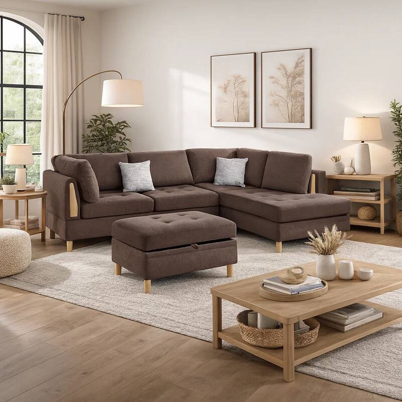 Cato 3 Piece L Shape Sectional Sofa Set with Ottoman, 2 Pillows, Brown