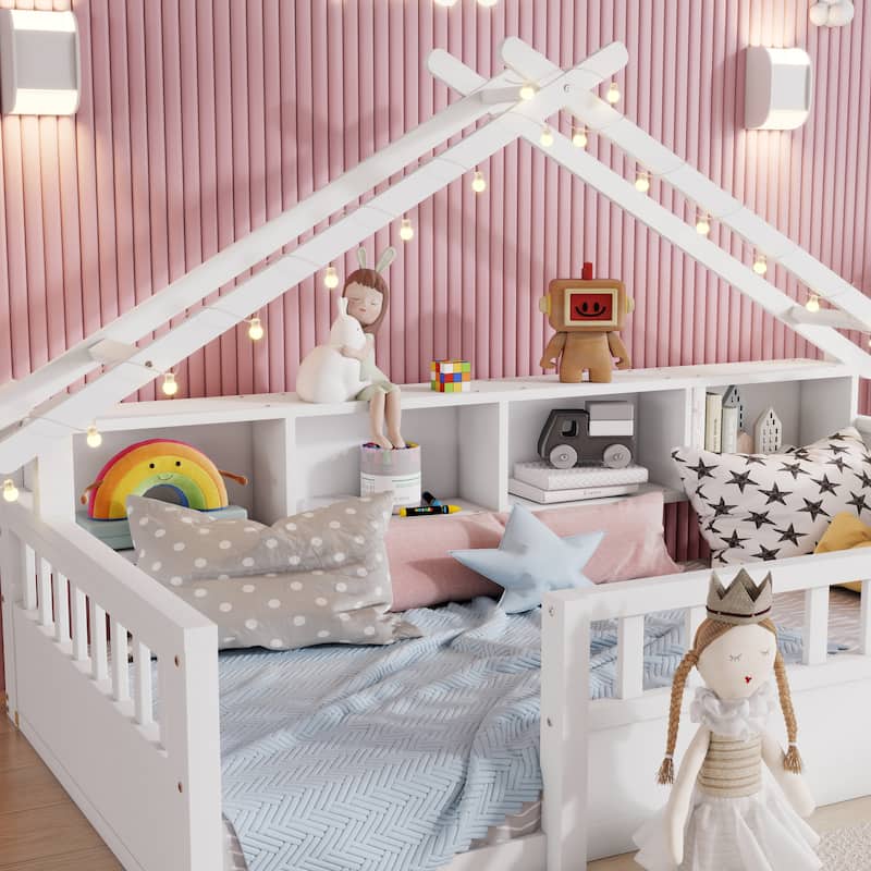 Twin/Full Floor Bed with Storage Bookshelves & Roof Shape for Kids