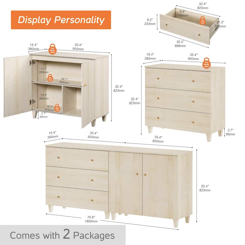 Wood Dresser with 3 Drawers and 1 Cabinet for Bedroom, 71" Wide