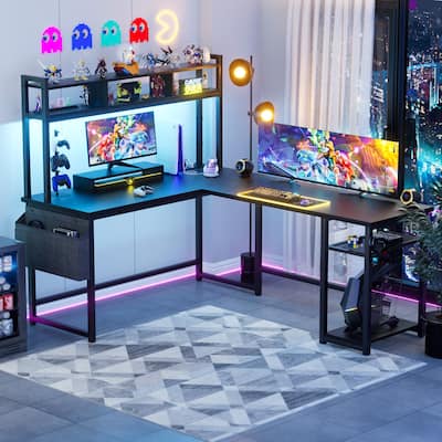 Reversible L-Shaped Desk with Storage Shelves and Hutch, Corner Desk with Charging Station and RGB LED Lights