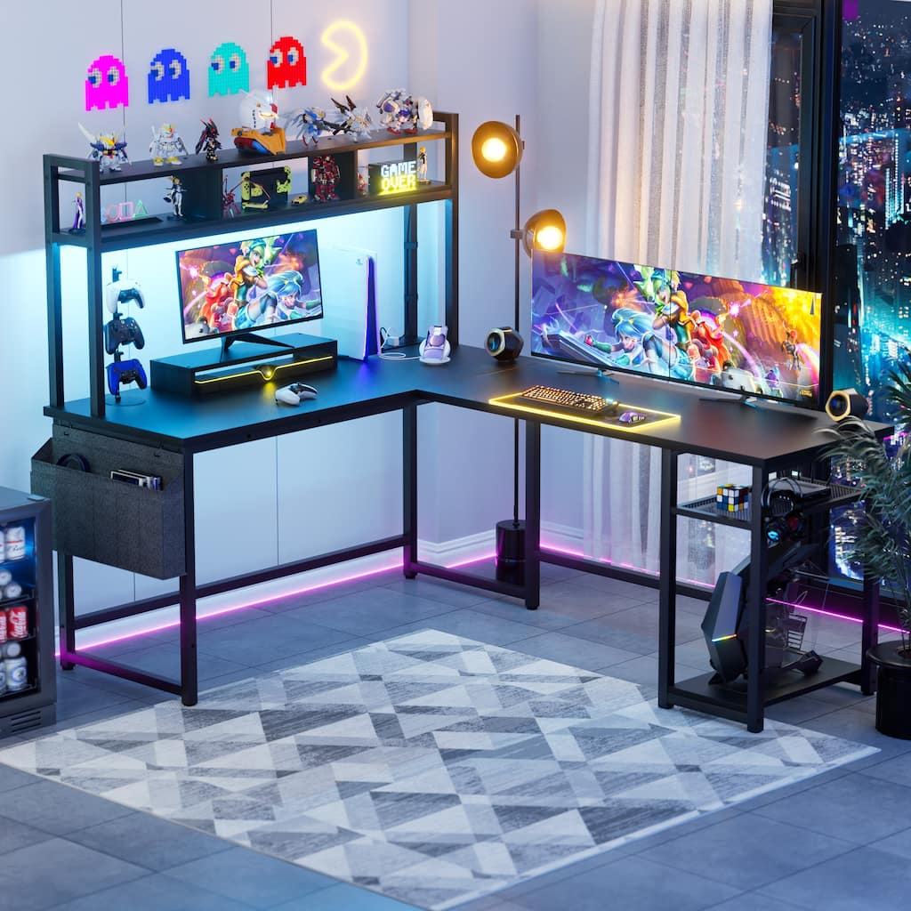 Reversible L-Shaped Desk with Storage Shelves and Hutch, Corner Desk with Charging Station and RGB LED Lights