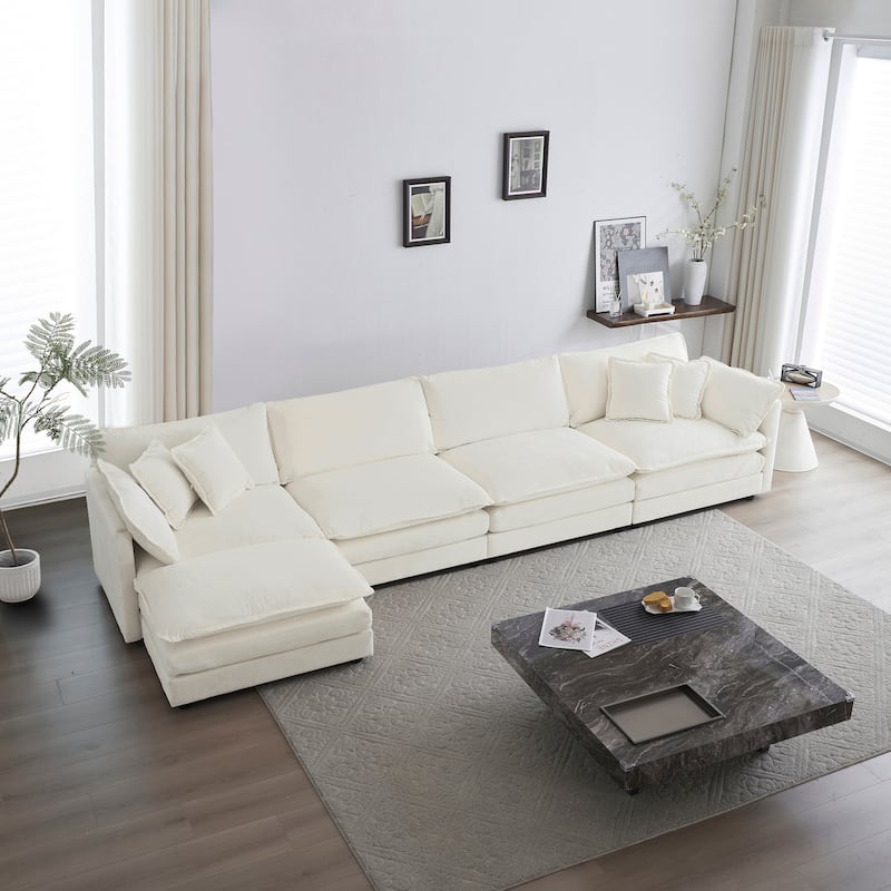 Modern L Shaped Sectional Sofa Set with Chenille Upholstery and Thick Cushions for Living Room and Guest Room - White