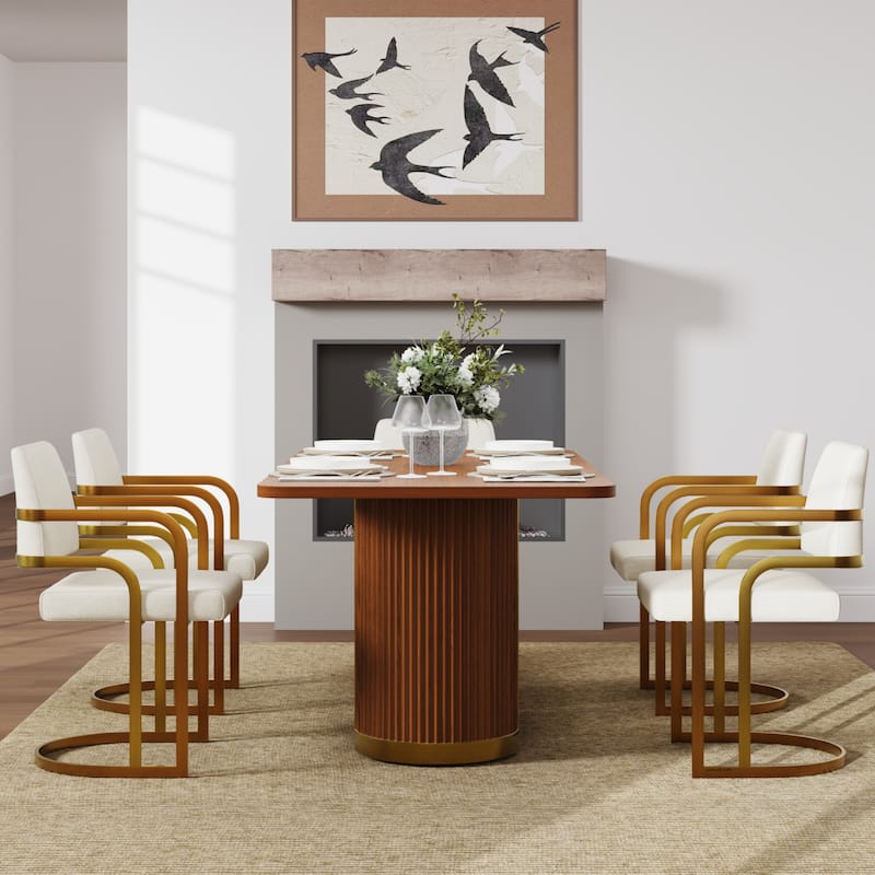 Mid Century Modern Solid Wood Dining Table with Double Pedestal Base