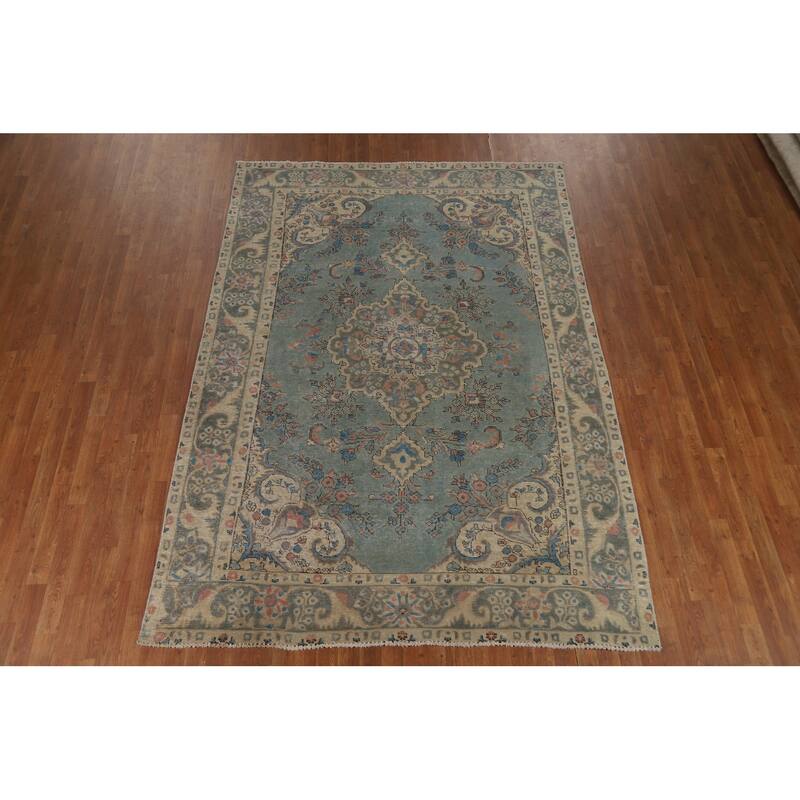 Light Blue Traditional Tabriz Persian Area Rug Handmade Wool Carpet - 6'5"x 9'5"