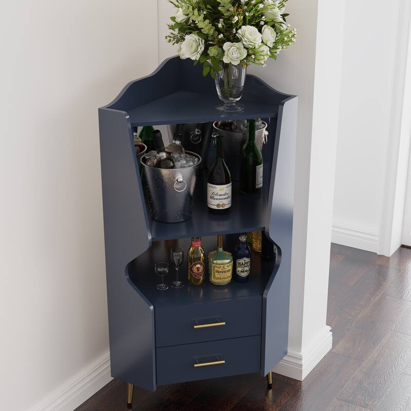 Wooden Corner bar cabinet with 2 open storage shelves and 2 drawers, mirrored back sideboard cabinet