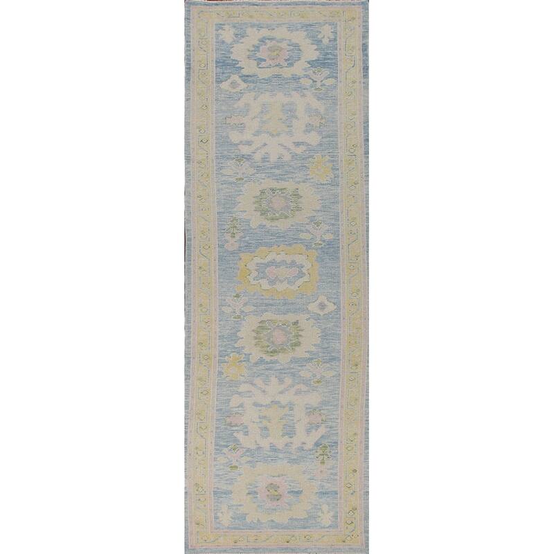 Vegetable Dye Oushak Turkish Runner Rug Hand-knotted Blue Wool Carpet - 3'3"x 12'10"