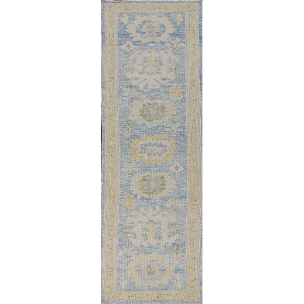 Vegetable Dye Oushak Turkish Runner Rug Hand-knotted Blue Wool Carpet - 3'3"x 12'10"