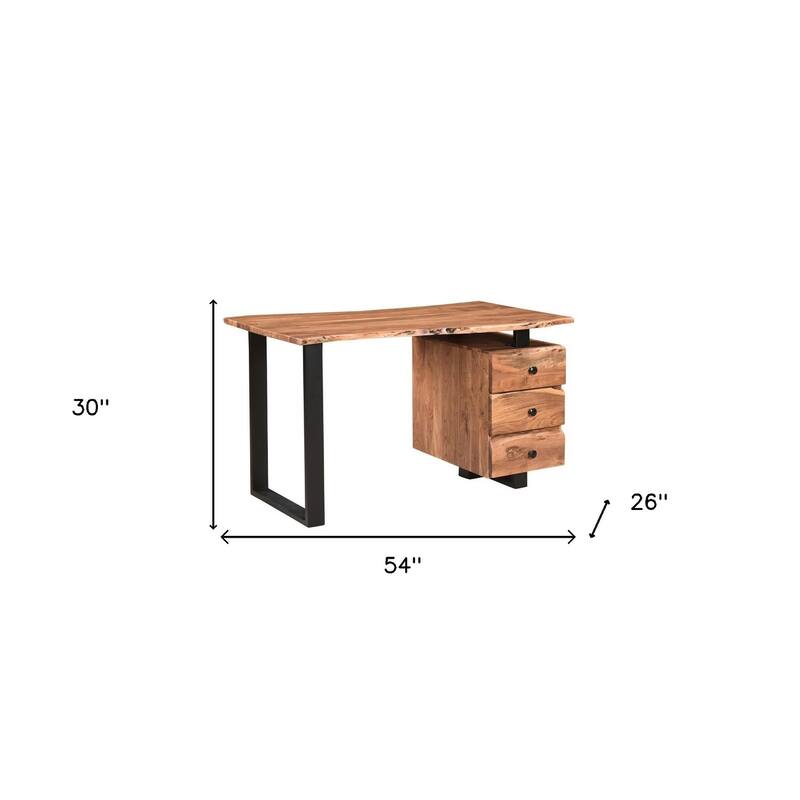 HomeRoots 54" Natural and Black Live Edge Solid Wood Writing Desk With Three Drawers