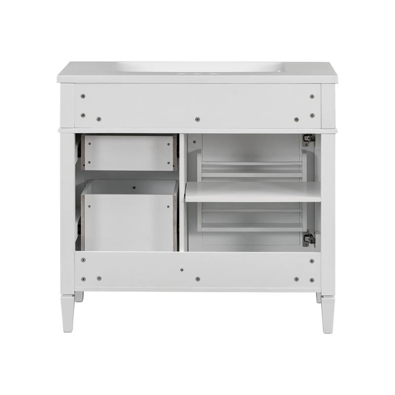 Freestanding Bathroom Vanity & Wall Mounted Mirror Cabinet Set with Resin Sink, Open Shelves, Drawers and Adjustable Shelves
