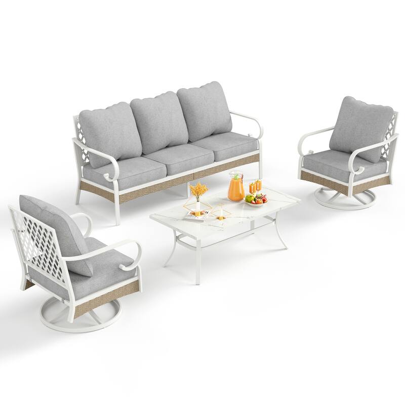 MAISON ARTS 5-Seat Patio Furniture Set, 2 x Cushioned Metal Chair, 1 x 3-Seat Sofa with Marbling Coffee Table - Set 3 - Grey