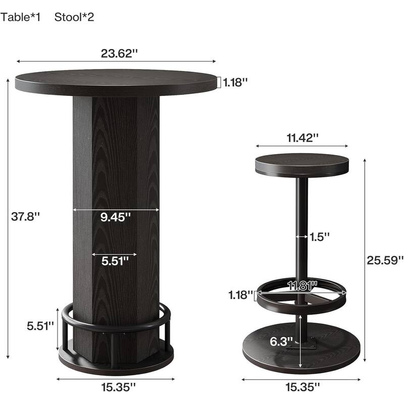 Round Bar Table with Chairs, Industrial Bistro Pub Sets with 2 barstools - 11.42" L x 11.42" W x 25.59" H