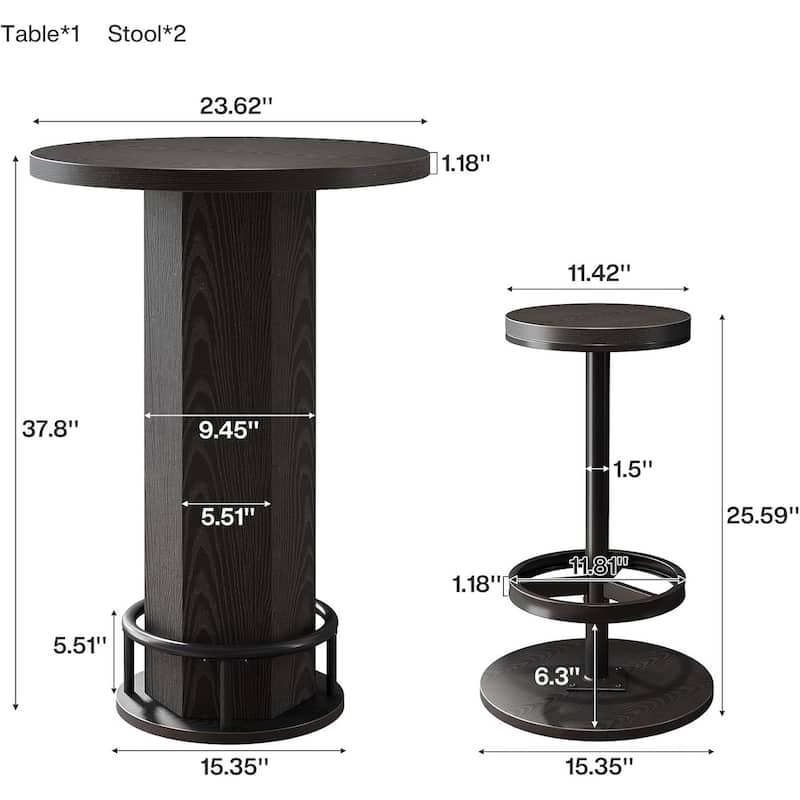Round Bar Table with Chairs, Industrial Pub Table Bistro Sets with 2 barstools - 11.42" L x 11.42" W x 25.59" H