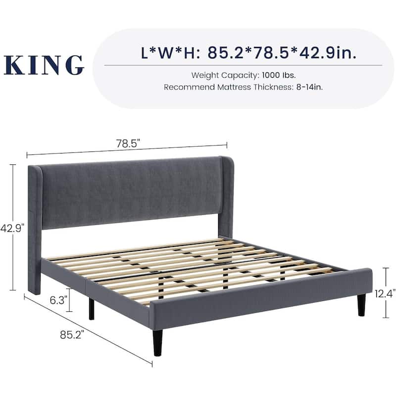Luxurious Velvet Upholstery Platform Bed with Wingback Headboard, Wooden Slat Support, No Box Spring Need