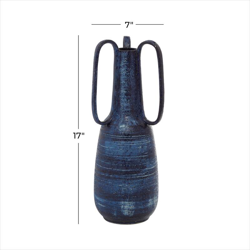 Blue Ceramic Decorative Vase with Handles - 7 x 7 x 17