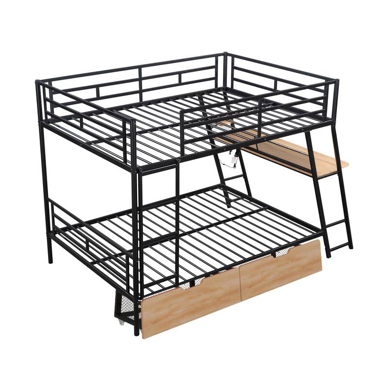 Full Size Metal Bunk Bed Built-in Desk, Light and 2 Drawers