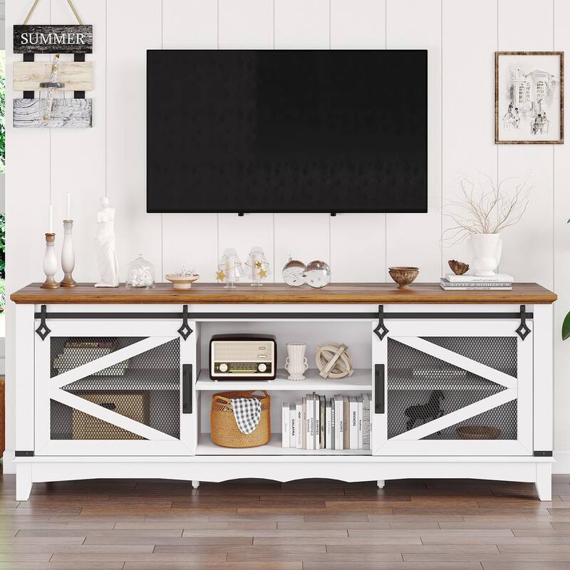 Farmhouse TV Stand 75 Inch Entertainment Center - 75 inches - 75 inches - White+Brown