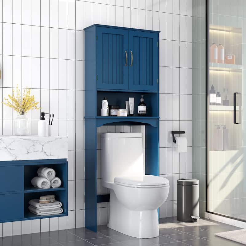 Yaheetech Bathroom Space Saving Organizer Over-the -Toilet with Adjustable Shelf for Bathroom - Navy Blue
