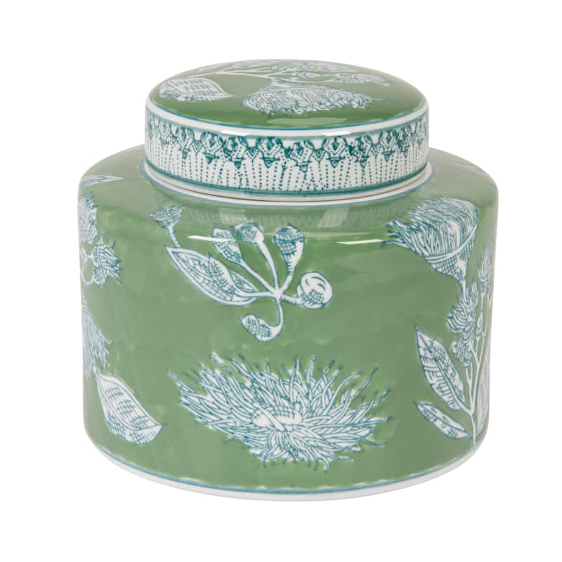Stoneware Decorative Storage Jar with Lid and Botanical Detailing - 7.8"L x 7.8"W x 7.0"H - Green; White