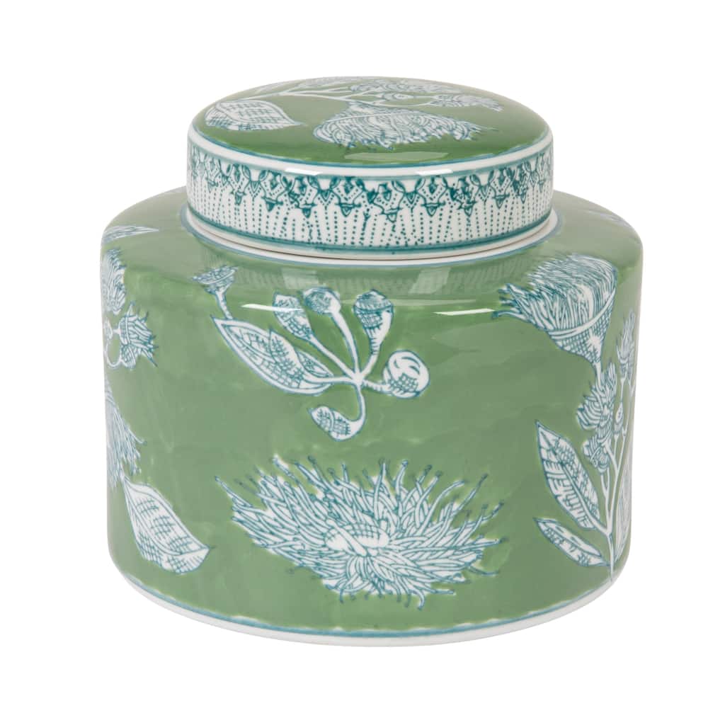 Stoneware Decorative Storage Jar with Lid and Botanical Detailing - 7.8"L x 7.8"W x 7.0"H