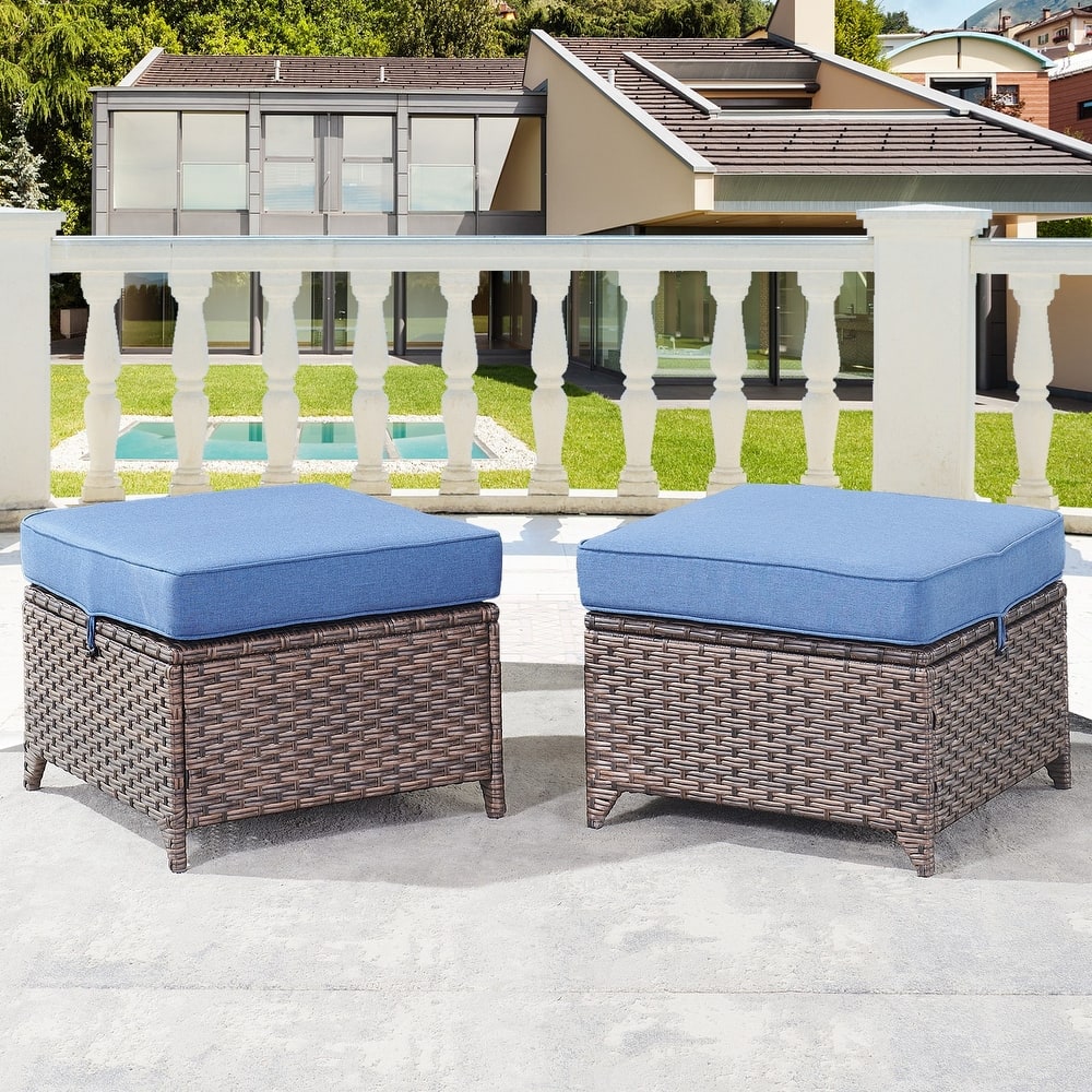 Gymojoy 2 Pieces Patio Rattan Ottomans, All Weather Outdoor Footstool