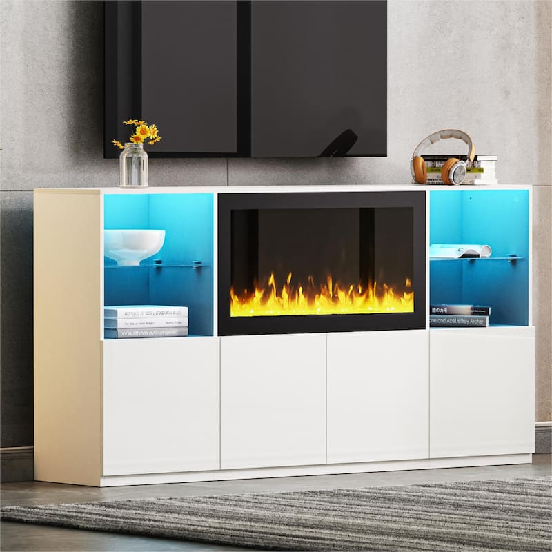 Modern LED TV Stand, for TVs up to 75 Inches with Electric Fireplace and Tempered Glass Shelf, for Living Rooms - White