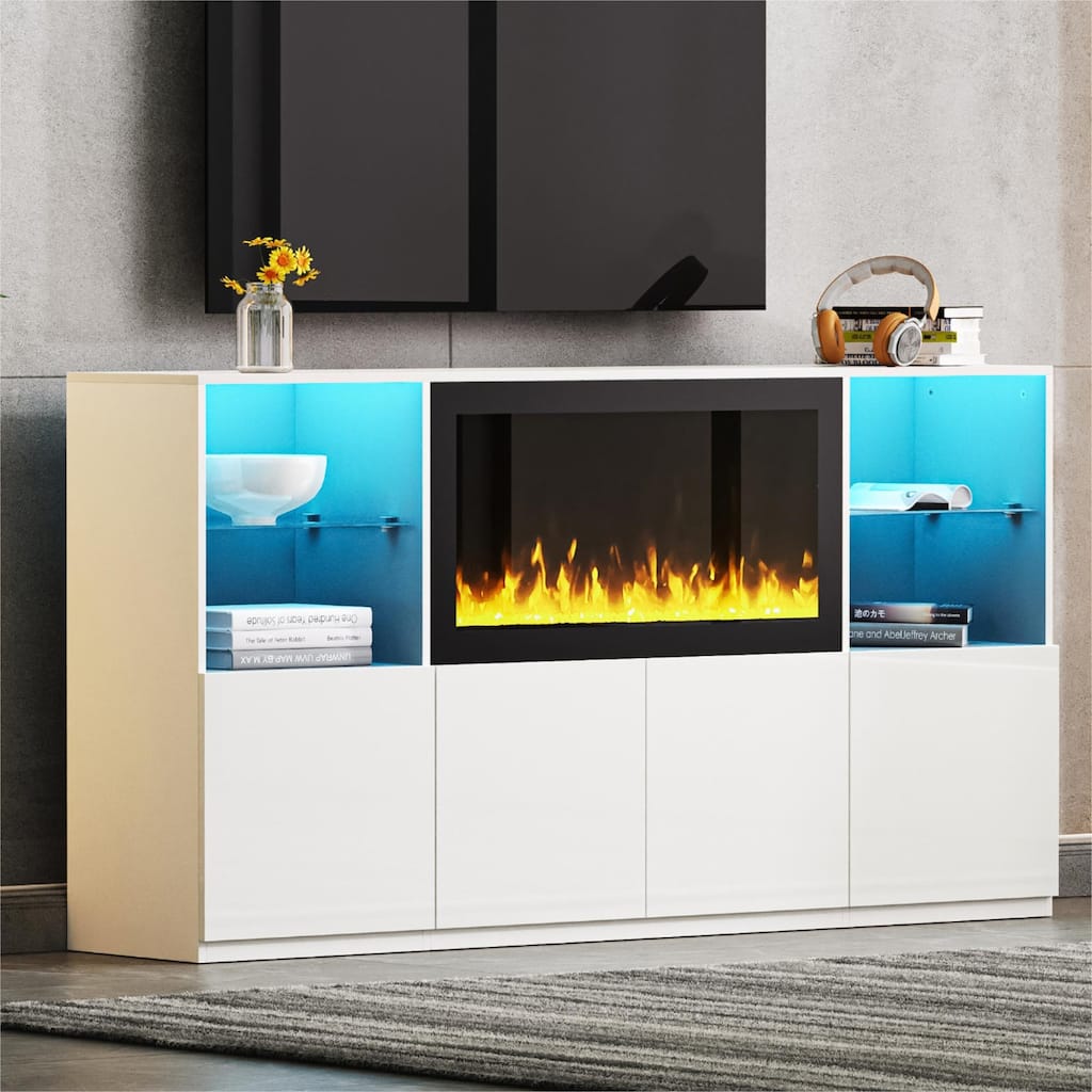Stylish TV Stand with Non-heating Electric Fireplace, LED Lights & Glass Shelves for TVs up to 75"