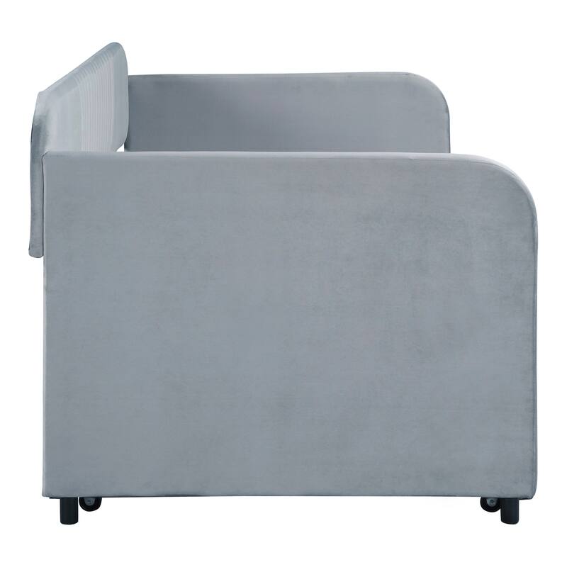 Twin Upholstered Daybed with Trundle Bed - Velvet Fabric Sofa Bed with Wood Slats, for Small Spaces, No Box Spring Needed