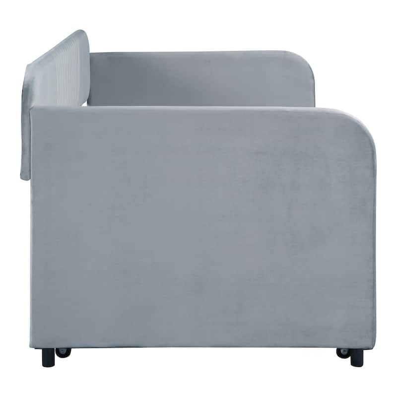 Upholstered Sofa Bed Twin Size With Trundle Bed and Wood Slat