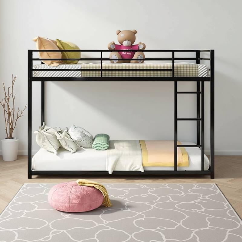 Ovi 78 Inch Twin Bunk Bed, Mounted Ladder, Ground Level Platform Bed, Black