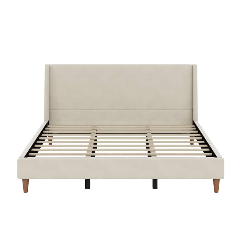 Modern Velvet Upholstered Platform Bed with Wingback Headboard