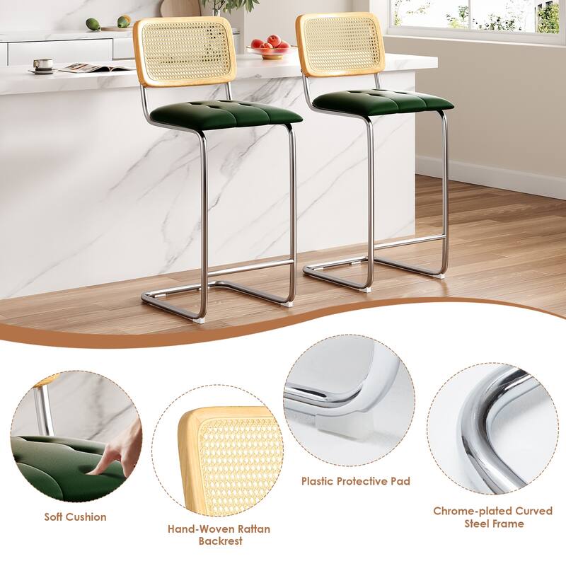 Counter Height Bar Stools Set of 2, Upholstered PU Leather Barstools with Rattan Back, 30 inch Stools Armless Bar Chairs